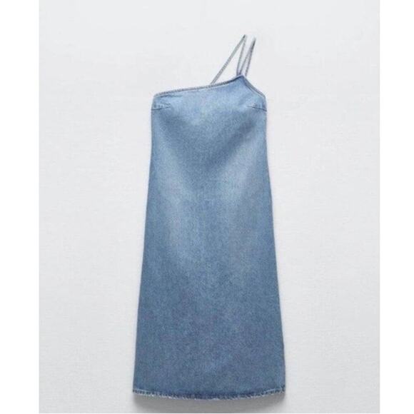 ZARA ASYMMETRIC DENIM MIDI DRESS BLUE Size Extra Small XS - Picture 9 of 11